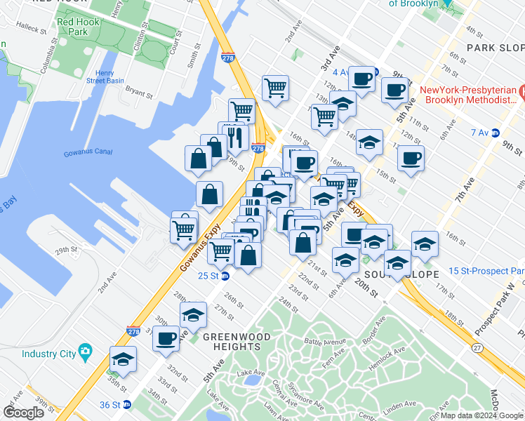 map of restaurants, bars, coffee shops, grocery stores, and more near 147 21st Street in Brooklyn