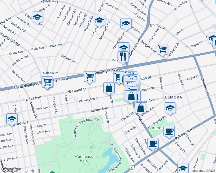 map of restaurants, bars, coffee shops, grocery stores, and more near 826 West Grand Street in Elizabeth
