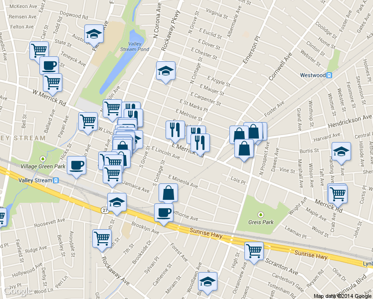 map of restaurants, bars, coffee shops, grocery stores, and more near 133 E Merrick Rd in Valley Stream