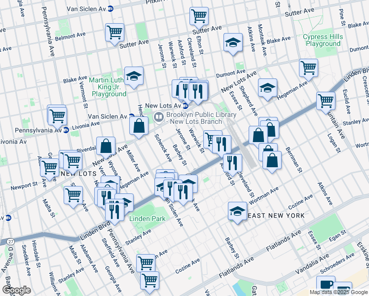 map of restaurants, bars, coffee shops, grocery stores, and more near 694 Jerome Street in Brooklyn