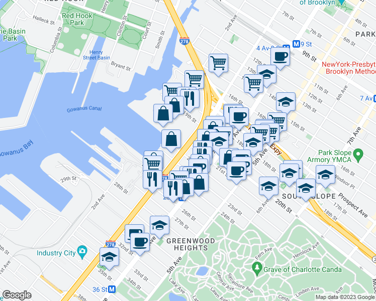 map of restaurants, bars, coffee shops, grocery stores, and more near 687 3rd Avenue in Brooklyn