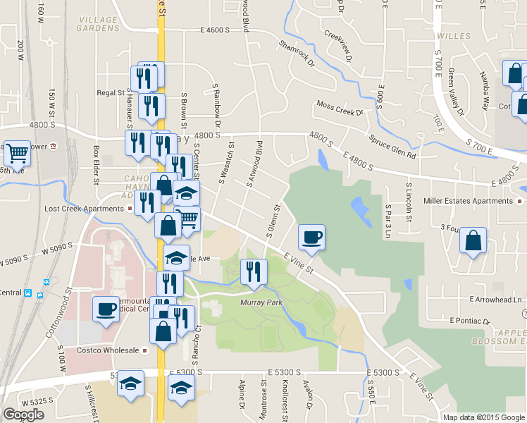 map of restaurants, bars, coffee shops, grocery stores, and more near 323 Elm Street in Murray