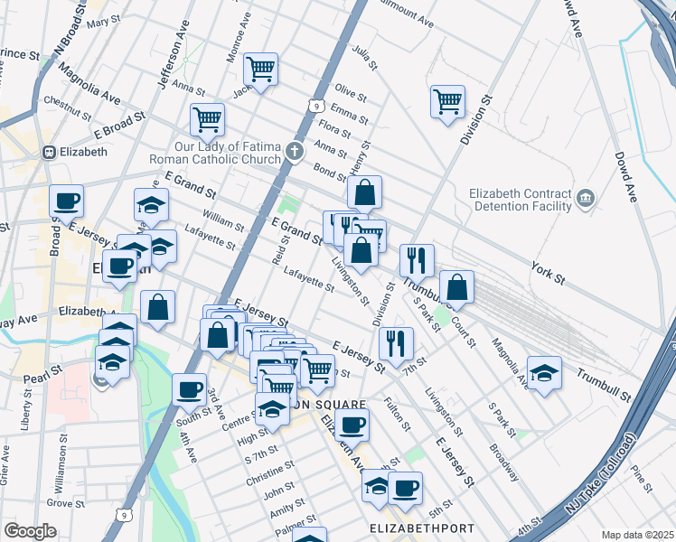 map of restaurants, bars, coffee shops, grocery stores, and more near 160 Smith Street in Elizabeth