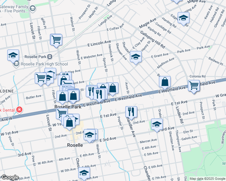 map of restaurants, bars, coffee shops, grocery stores, and more near 126 Camden Street in Roselle Park