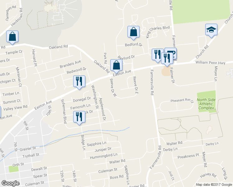 map of restaurants, bars, coffee shops, grocery stores, and more near 3227 Reeve Dr W in Bethlehem