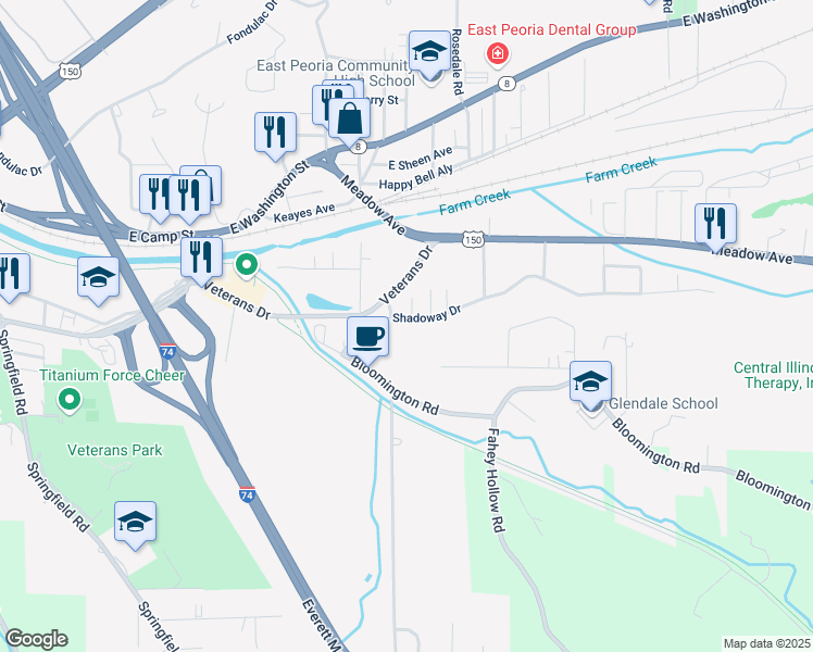 map of restaurants, bars, coffee shops, grocery stores, and more near 130 Shadoway Drive in East Peoria