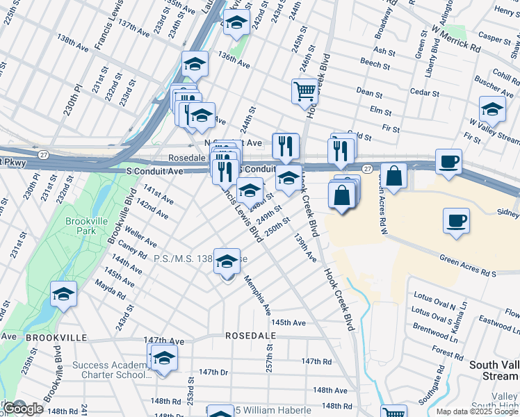 map of restaurants, bars, coffee shops, grocery stores, and more near 139-21 248th Street in Queens