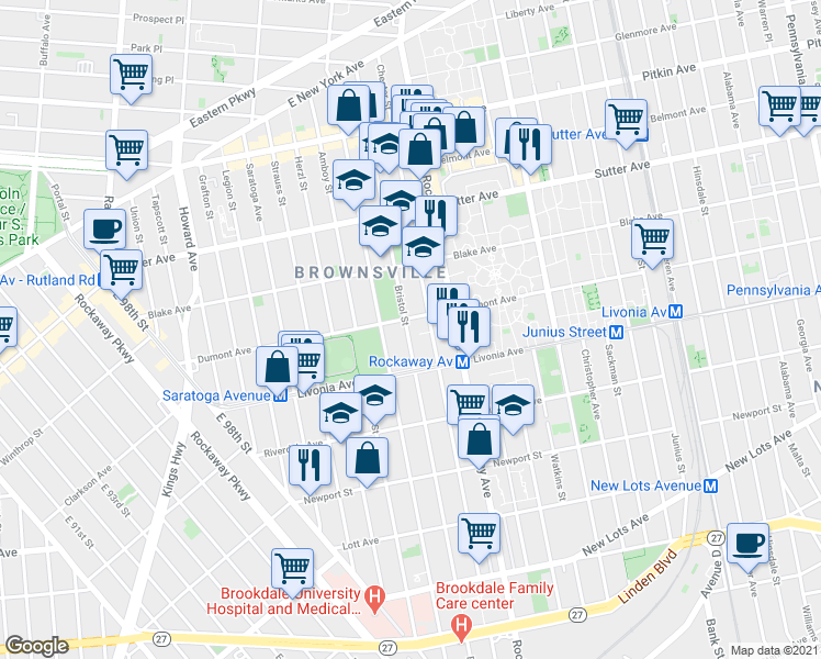 map of restaurants, bars, coffee shops, grocery stores, and more near 325 Bristol Street in Brooklyn