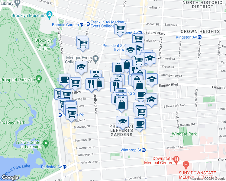 map of restaurants, bars, coffee shops, grocery stores, and more near 231 Empire Boulevard in Brooklyn