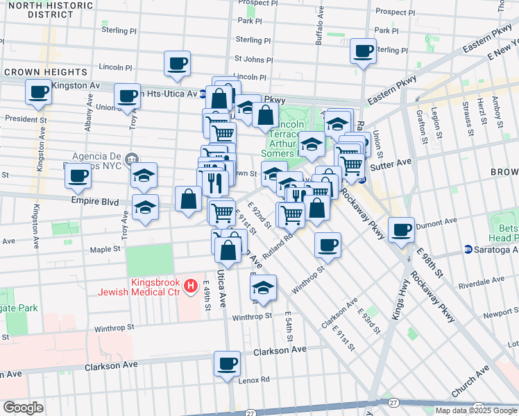 map of restaurants, bars, coffee shops, grocery stores, and more near 31 East 92nd Street in Brooklyn
