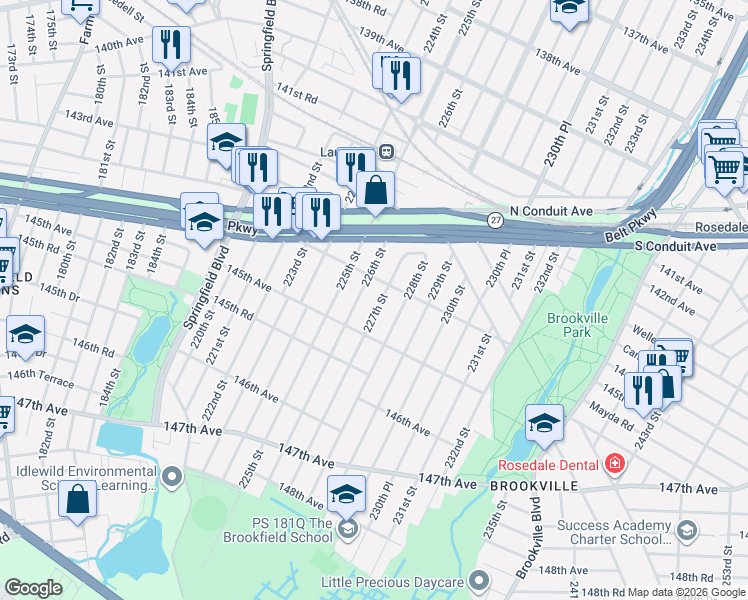 map of restaurants, bars, coffee shops, grocery stores, and more near 144-20 227th Street in Queens