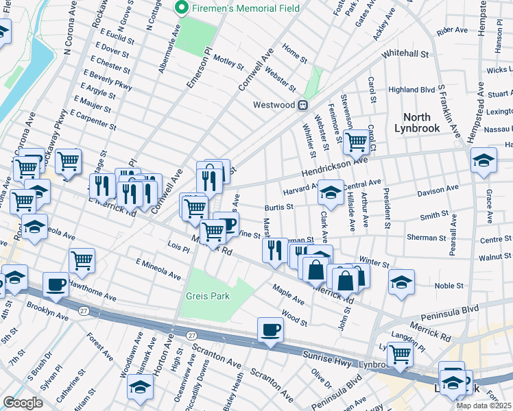 map of restaurants, bars, coffee shops, grocery stores, and more near 101 Burtis Street in Lynbrook