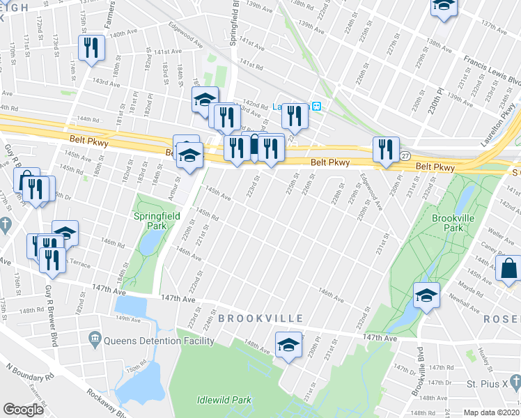 map of restaurants, bars, coffee shops, grocery stores, and more near 224-01 145th Avenue in Queens