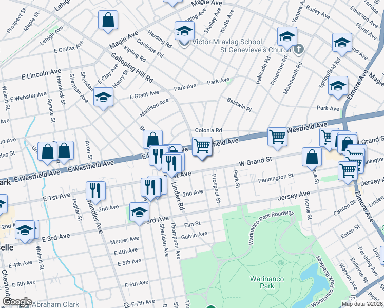 map of restaurants, bars, coffee shops, grocery stores, and more near 480 E Westfield Ave in Roselle Park