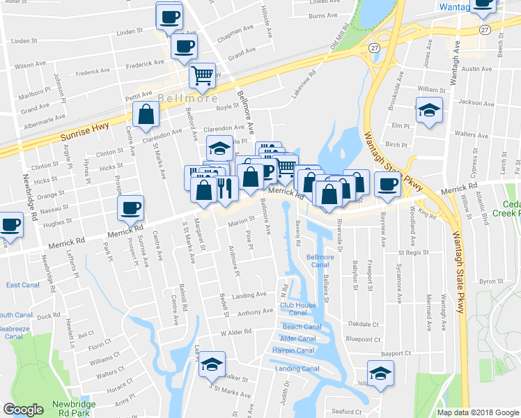 map of restaurants, bars, coffee shops, grocery stores, and more near 2454 Bellmore Avenue in Bellmore