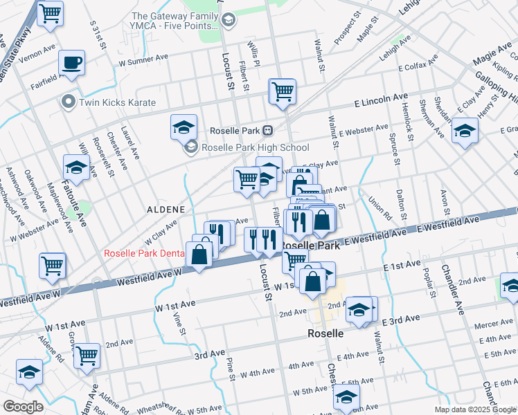 map of restaurants, bars, coffee shops, grocery stores, and more near 224 Filbert Street in Roselle Park