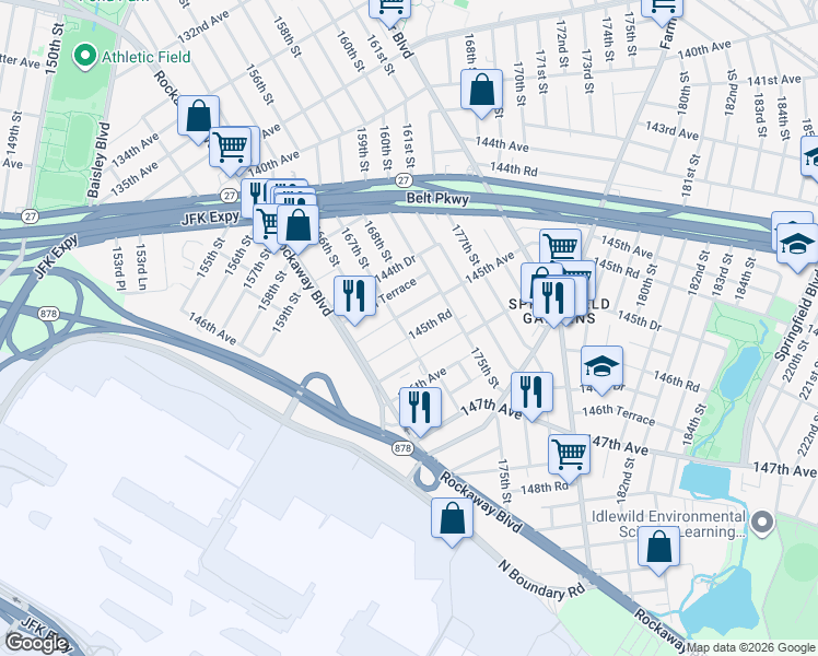 map of restaurants, bars, coffee shops, grocery stores, and more near 145-15 167th Street in Queens