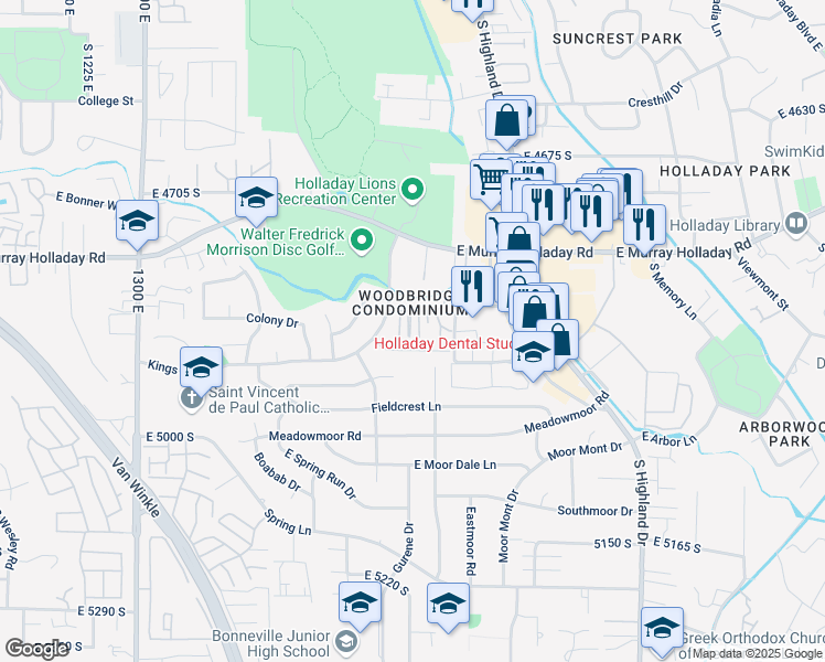 map of restaurants, bars, coffee shops, grocery stores, and more near 4879 South 1690 East in Holladay