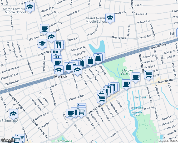 map of restaurants, bars, coffee shops, grocery stores, and more near 18 Lincoln Boulevard in Merrick