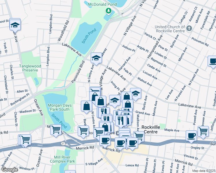 map of restaurants, bars, coffee shops, grocery stores, and more near 195 North Village Avenue in Rockville Centre