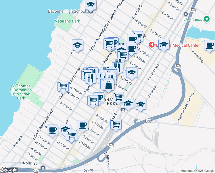 map of restaurants, bars, coffee shops, grocery stores, and more near 13 West 22nd Street in Bayonne