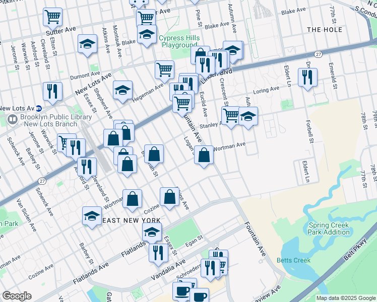 map of restaurants, bars, coffee shops, grocery stores, and more near 883-999 Logan Street in Brooklyn