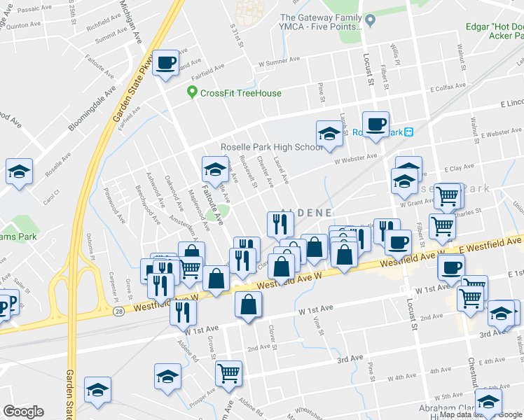 map of restaurants, bars, coffee shops, grocery stores, and more near 422 Roosevelt Street in Roselle Park