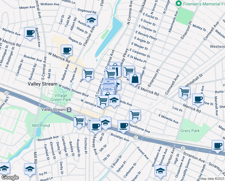 map of restaurants, bars, coffee shops, grocery stores, and more near 75 Rockaway Avenue in Valley Stream