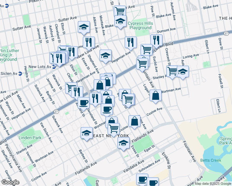 map of restaurants, bars, coffee shops, grocery stores, and more near 933 Stanley Avenue in Brooklyn