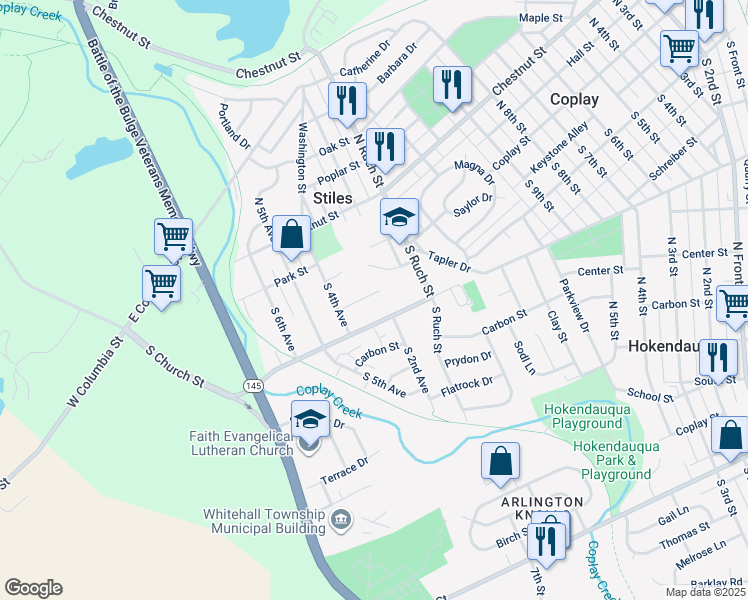 map of restaurants, bars, coffee shops, grocery stores, and more near 3220 Coplay Street in Stiles