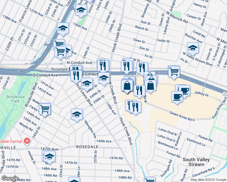 map of restaurants, bars, coffee shops, grocery stores, and more near 250-13 Hook Creek Boulevard in Queens