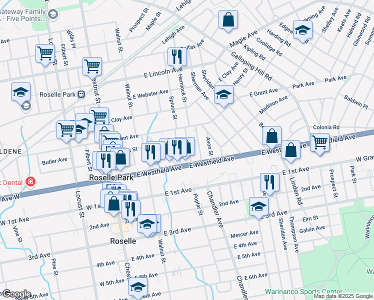 map of restaurants, bars, coffee shops, grocery stores, and more near 126 Camden Street in Roselle Park
