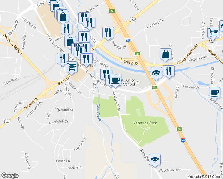 map of restaurants, bars, coffee shops, grocery stores, and more near 300 East Washington Street in East Peoria