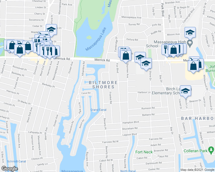 map of restaurants, bars, coffee shops, grocery stores, and more near 25 Frankel Rd in Massapequa