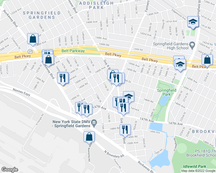 map of restaurants, bars, coffee shops, grocery stores, and more near 145-69 177th Street in Queens