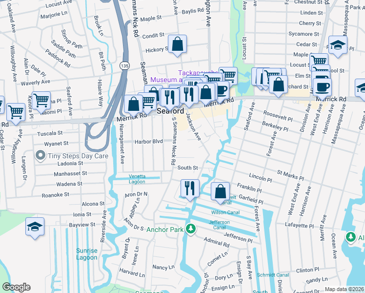 map of restaurants, bars, coffee shops, grocery stores, and more near 3901A Wansers Lane in Seaford