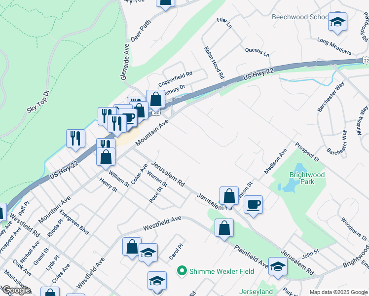 map of restaurants, bars, coffee shops, grocery stores, and more near 357 Acacia Road in Scotch Plains