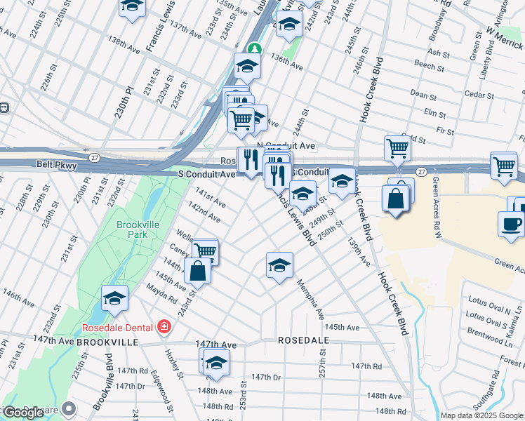map of restaurants, bars, coffee shops, grocery stores, and more near 140-35 246th Street in Queens