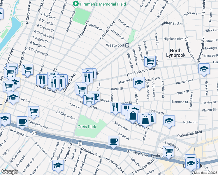 map of restaurants, bars, coffee shops, grocery stores, and more near 101 Burtis Street in Lynbrook