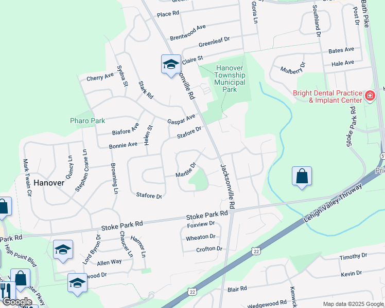 map of restaurants, bars, coffee shops, grocery stores, and more near 1175 Granite Dr in Bethlehem