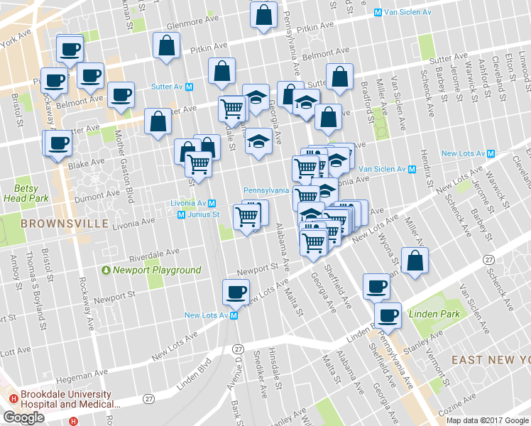 map of restaurants, bars, coffee shops, grocery stores, and more near 499 Williams Avenue in Brooklyn