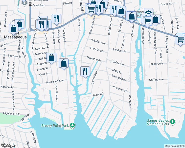 map of restaurants, bars, coffee shops, grocery stores, and more near 23 Central Avenue in Amityville