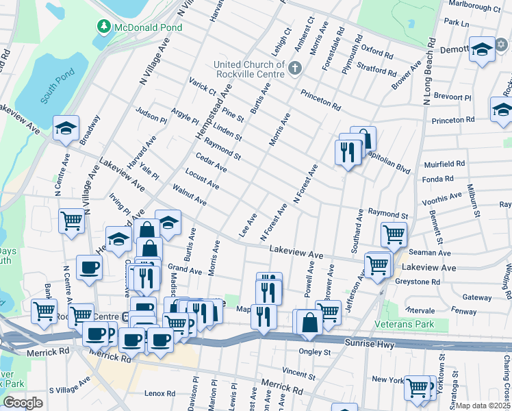 map of restaurants, bars, coffee shops, grocery stores, and more near 117 Locust Avenue in Rockville Centre