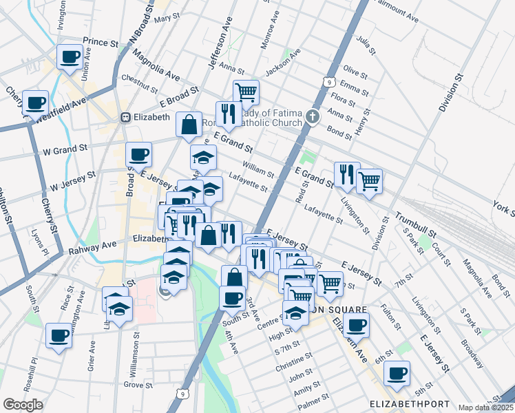 map of restaurants, bars, coffee shops, grocery stores, and more near 1008 Boudinot Place in Elizabeth