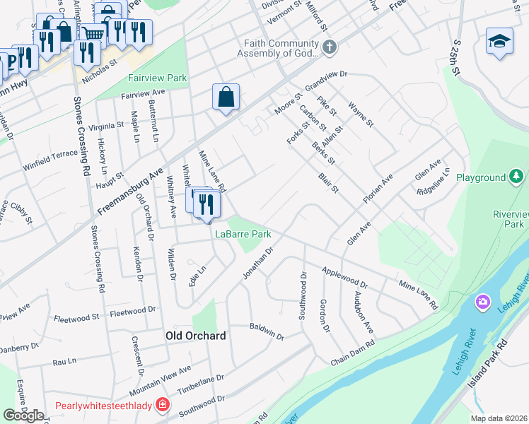 map of restaurants, bars, coffee shops, grocery stores, and more near 3360 Allen Street in Easton