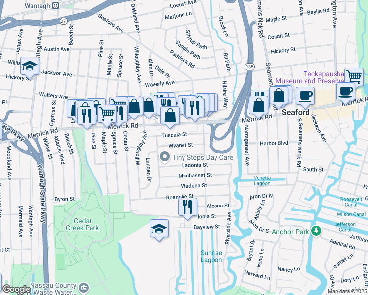 map of restaurants, bars, coffee shops, grocery stores, and more near 3576 Wyanet Street in Seaford