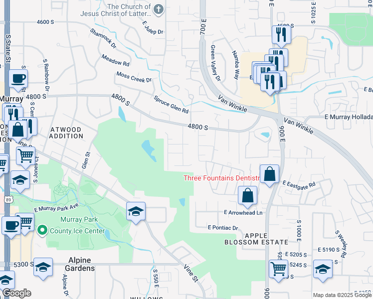 map of restaurants, bars, coffee shops, grocery stores, and more near 4975 South Lincoln Street in Murray
