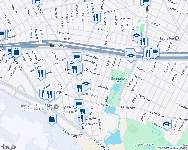 map of restaurants, bars, coffee shops, grocery stores, and more near 180-02 145th Drive in Queens