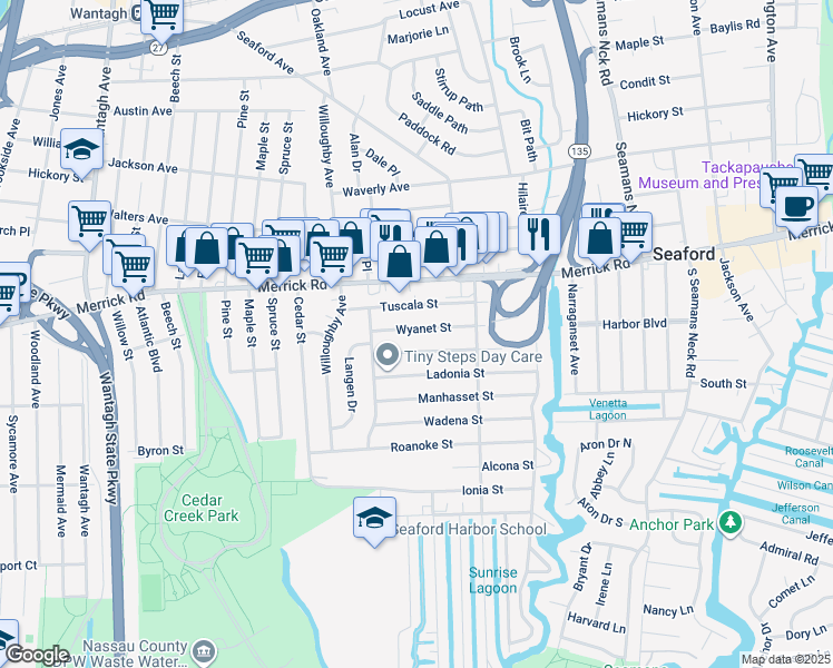 map of restaurants, bars, coffee shops, grocery stores, and more near 3576 Wyanet Street in Seaford