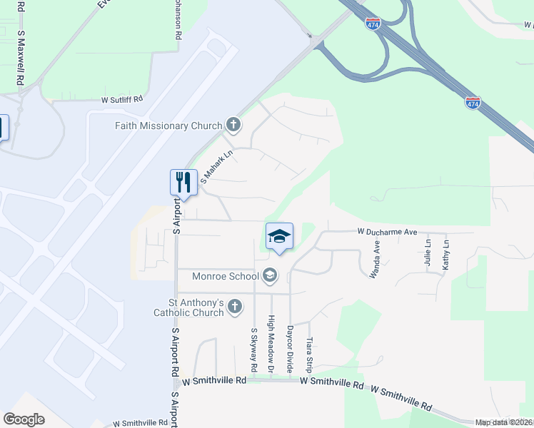 map of restaurants, bars, coffee shops, grocery stores, and more near Harp Hollow Road in Peoria